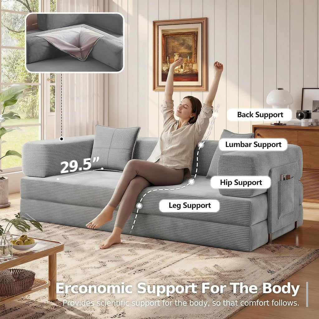 MoonSpeak 78.8''Sleeper Couch Bed for Livingroom,Convertible Modular Sofa with Armrest Pillow,Modular Foldable Corduroy Couches in a Box,No Assembly (Gray)