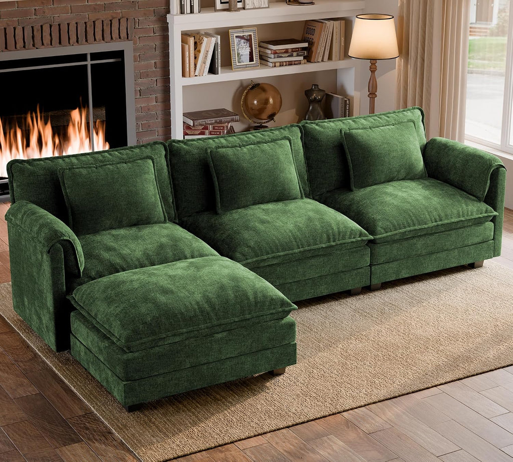 ELUCHANG 116' L Shaped Modular Sectional Cloud Couch with Pillow, Deep Seat Sofa Couches for Living Room, 4-Seat Modern Sofa with Movable Ottoman, Chenille Green