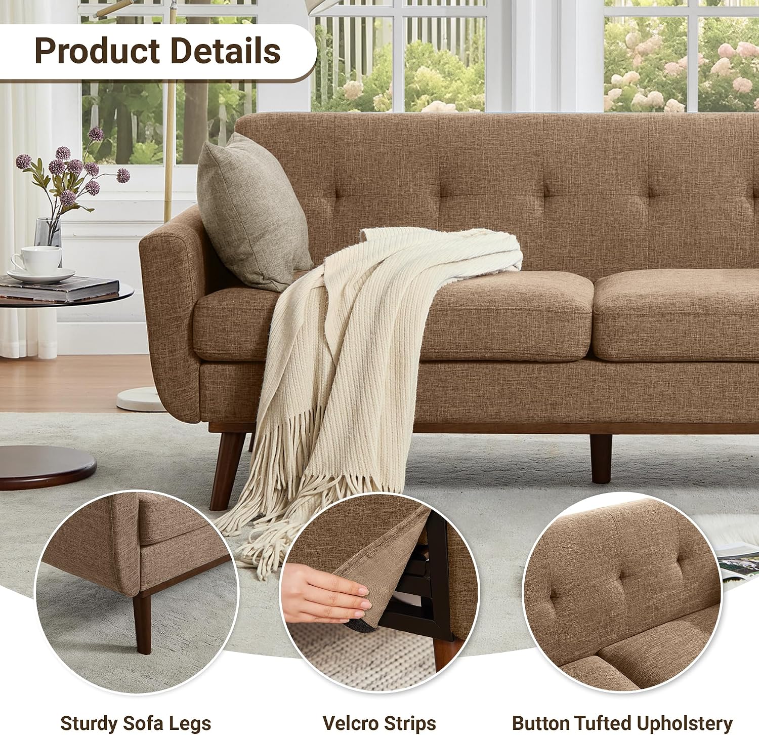 Kingfun 77.2' W Loveseat Sofa, Mid Century Modern Decor Love Seat Couches for Living Room, Button Tufted Upholstered Furniture, Solid & Easy to Install Small Couch for Bedroom, Office Apartment, Brown