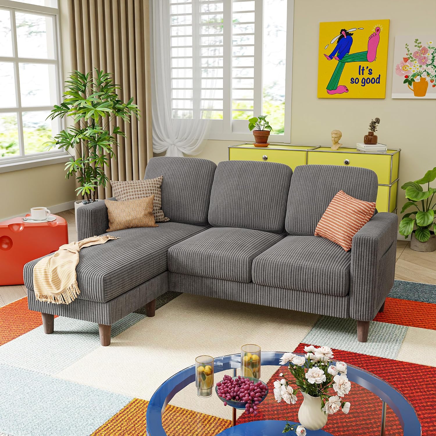 YESHOMY Couches for Living Room, Sofa with Movable Ottoman, Small Couch with Reversible Chaise and Side Pockets, L Shaped Couch for Small Space, Apartment (Corduroy, Grey)
