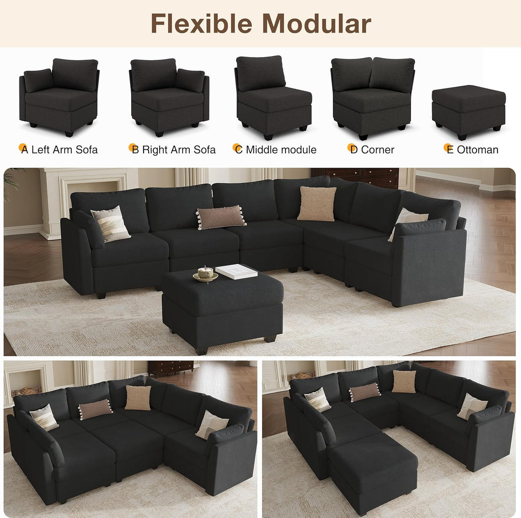 Modular Sectional Sofa Couches, Large Convertible Modular Couches with Storage, 7-Seater Sectional Sofa for Living Room, U Shaped Sectional Couch Sleeper Sofa with Chaise (Black, 7 Seats)