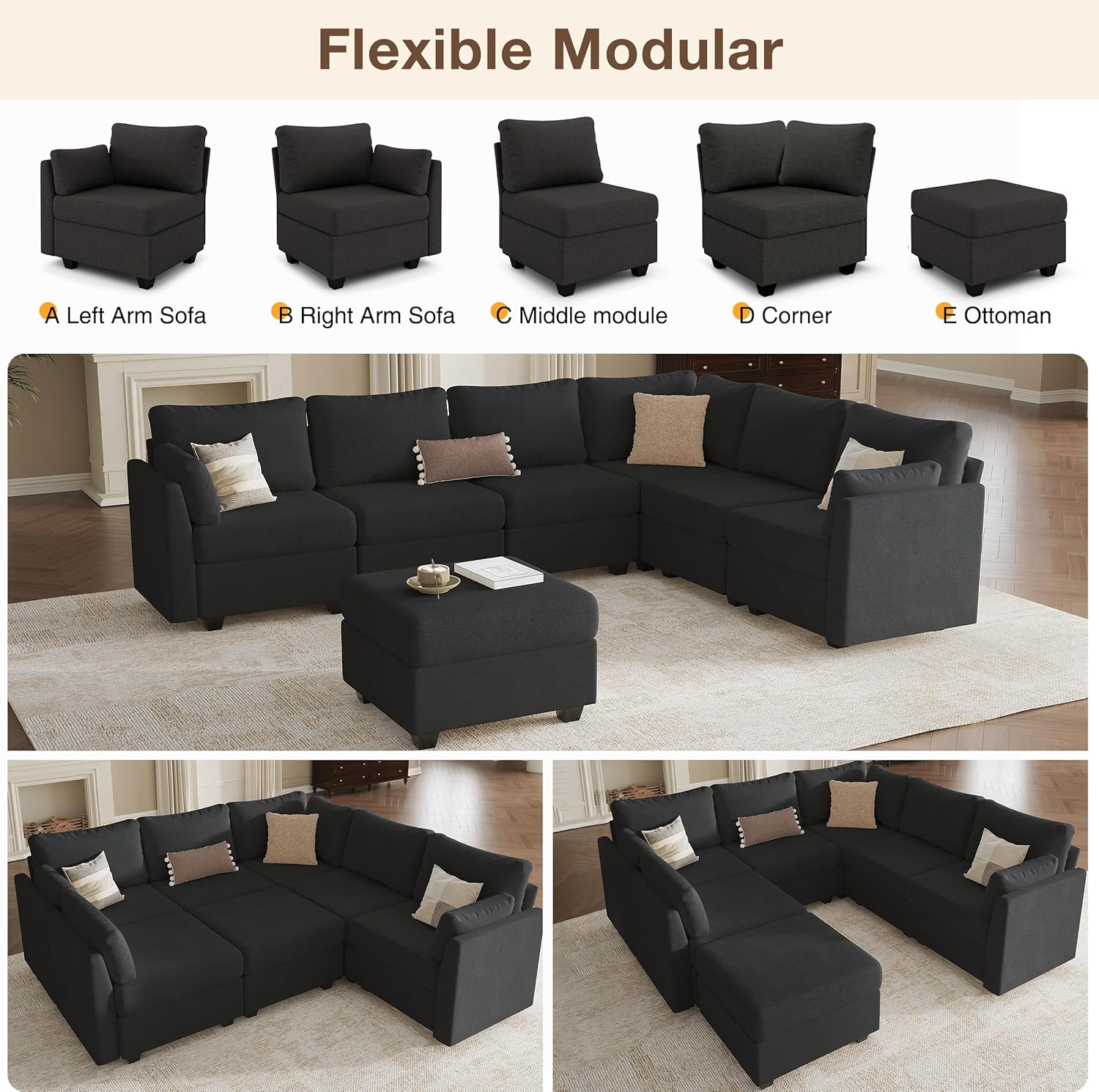 Modular Sectional Sofa Couches, Large Convertible Modular Couches with Storage, 7-Seater Sectional Sofa for Living Room, U Shaped Sectional Couch Sleeper Sofa with Chaise (Black, 7 Seats)