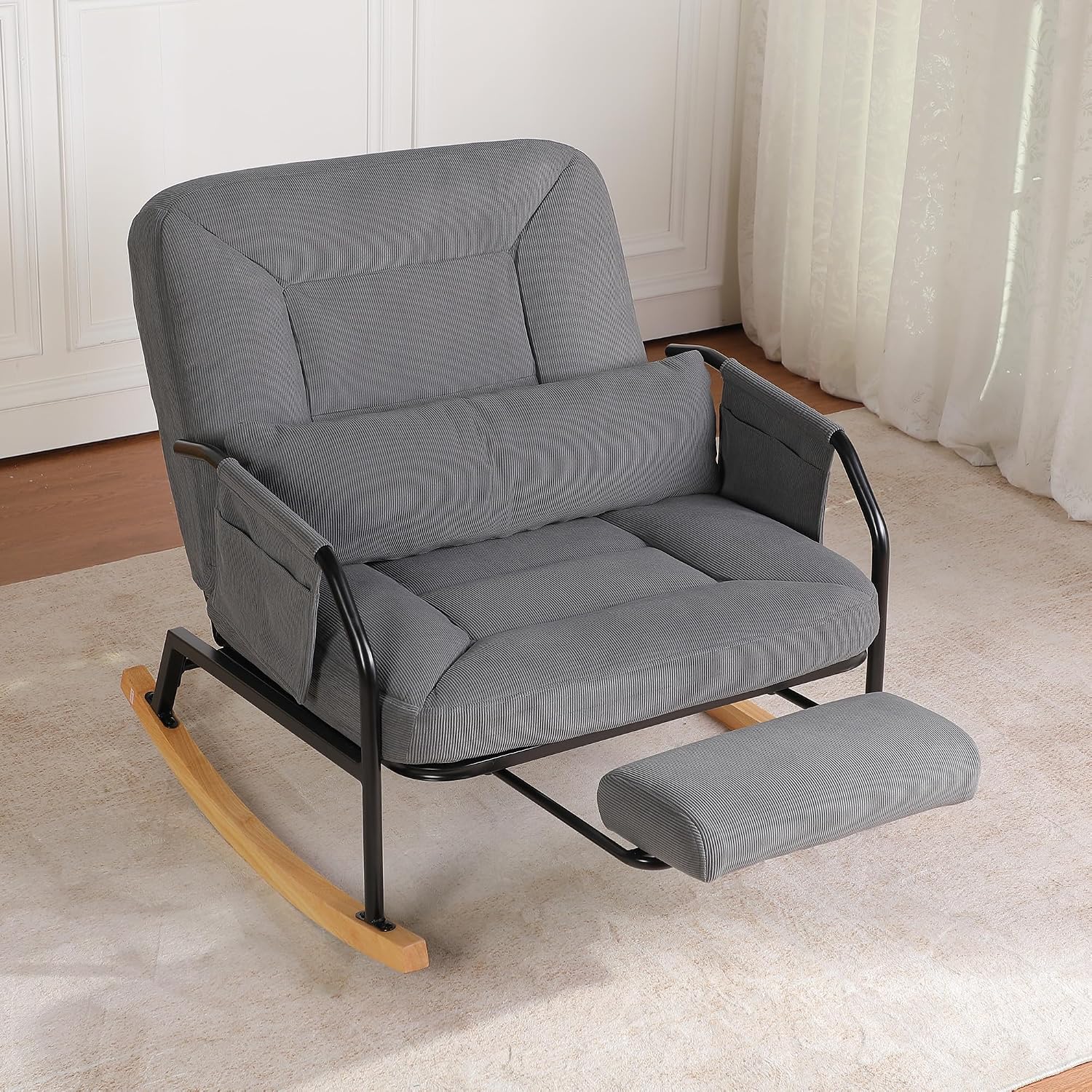 Oversized Rocking Chair, Extra-Wide Glider Patio Rocker Chairs with Foot Rest, Padded Cushion, Adjustable Backrest, Mental Wooden Farm, Indoor/Outdoor Living Room Bedroom Balcony Porch, Grey