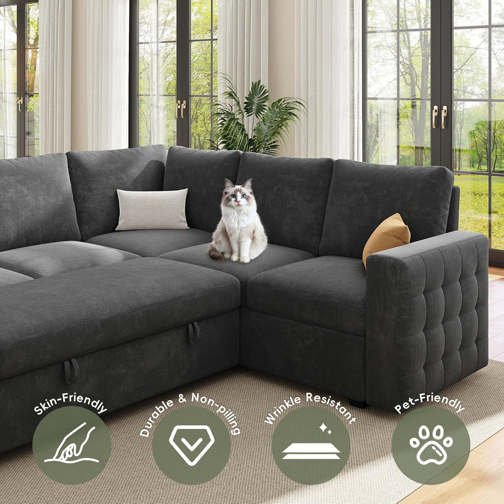 86' Sectional Sleeper Sofa Bed, Sleeper Couch with Pull out Bed, L Shaped Couch with Storage, Modular Sectional Sofa， Sectional Couches for Living Room&Apartment, Convertible Sofas, Gray Couches