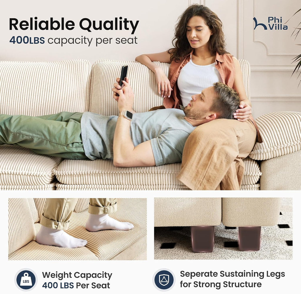 PHI VILLA Cloud Oversized Sectional Sofas, Single Sofa with Deep Seat for Living Room Reading Nook, Chenille Corduroy Dual Fabric, Beige