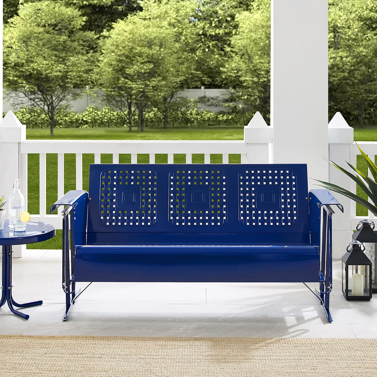 Crosley Furniture Bates Retro Metal Outdoor Sofa Glider, 3-Person Rocking Patio Bench for Porch, Deck, Navy Gloss