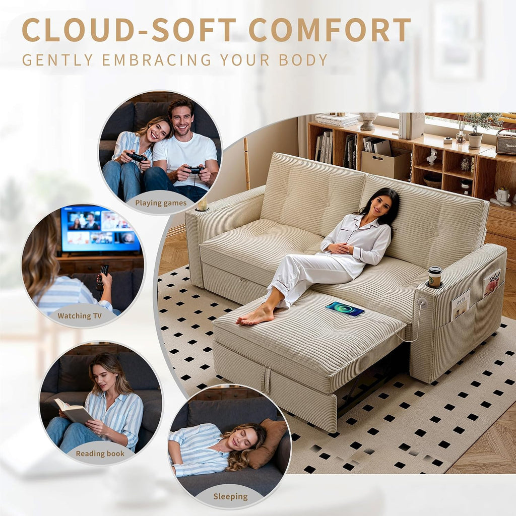 Queen Sofa Bed,Convertible Loveseat Sleeper Sofas,Couch with Pull Out Bed,Pullout Couch Bed for Small Space,Queen Sleeper Sofa Couches for Living Room,Apartment & Guest Room Beige | USB Port, Cup Holder