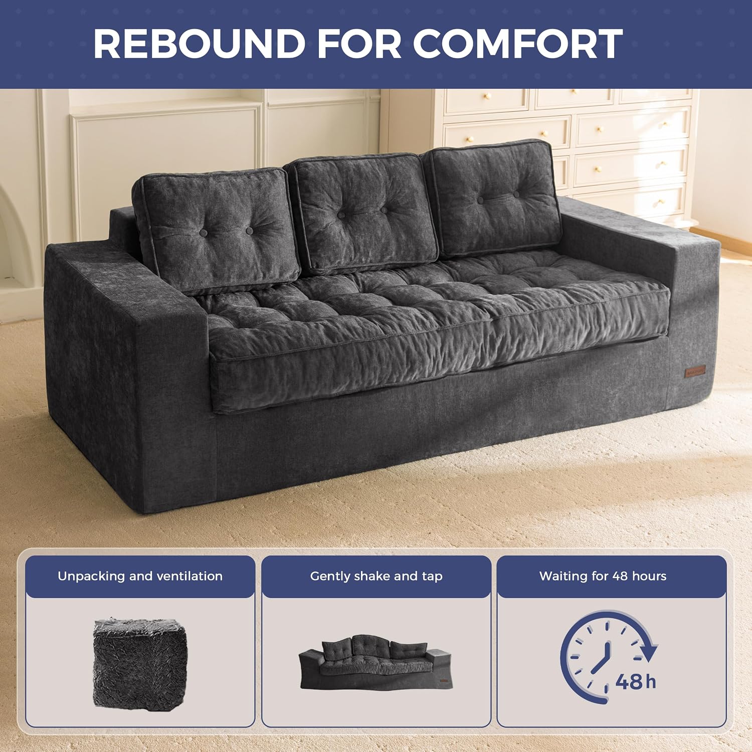 MAXYOYO 3-Seater Boneless Sofa Couch, Tufted Sofa Lounge for Living Room, Comfy Bean Bag Chair High-Density Foam Couch with Pillows, No Assembly Required