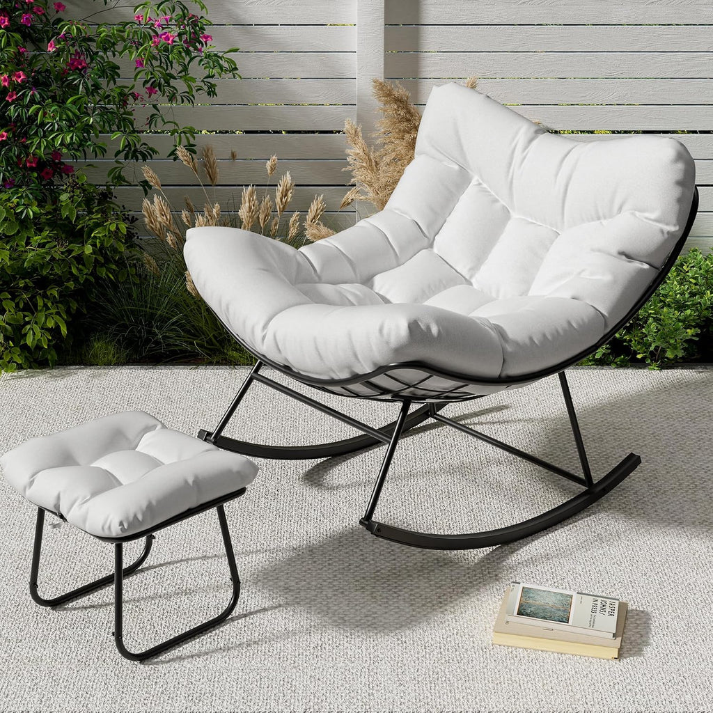 CuisinSmart Patio Rocking Chair, Outdoor Oversized Papasan Rocking Chair with Ottoman, 450lb Capacity, All-Weather PE Rattan Egg Rocker for Porch, Backyard, Balcony