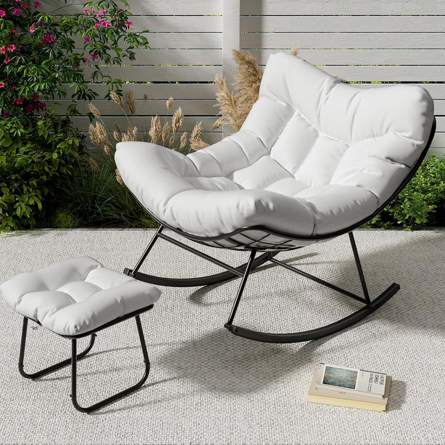 CuisinSmart Patio Rocking Chair, Outdoor Oversized Papasan Rocking Chair with Ottoman, 450lb Capacity, All-Weather PE Rattan Egg Rocker for Porch, Backyard, Balcony