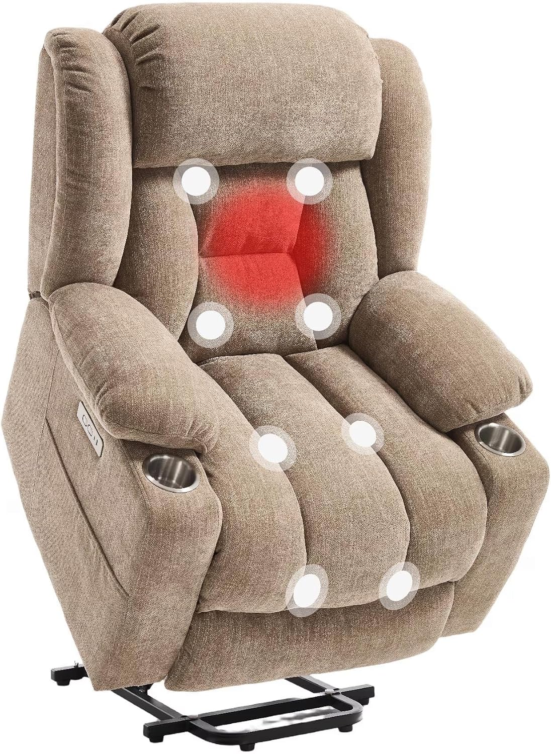 FLEXISPOT Power Lift Recliner Chair with Massage & Heat, Single Motor Lift Chair, Chenille Fabric Upholstery, USB/Type-C, Cup Holders, Side Pockets
