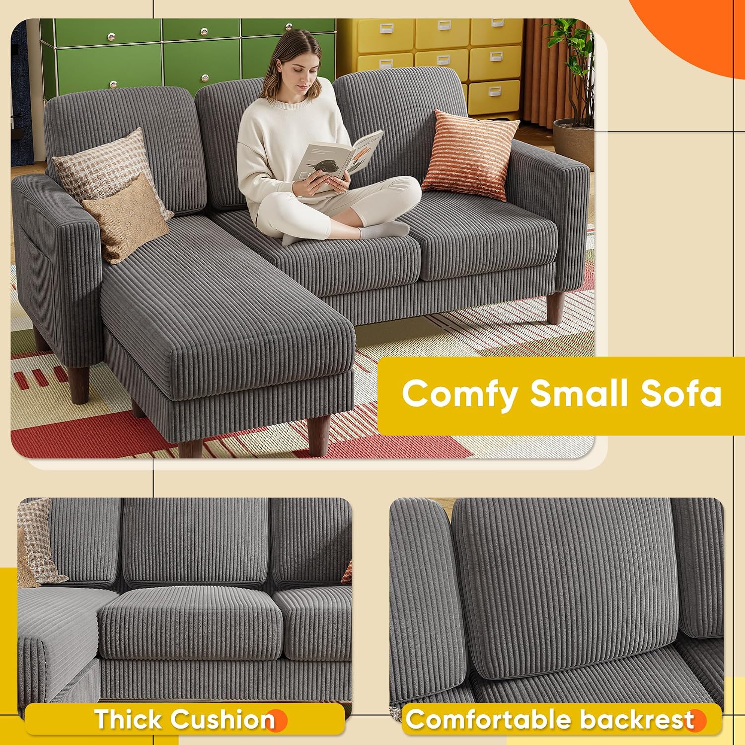 YESHOMY Couches for Living Room, Sofa with Movable Ottoman, Small Couch with Reversible Chaise and Side Pockets, L Shaped Couch for Small Space, Apartment (Corduroy, Grey)