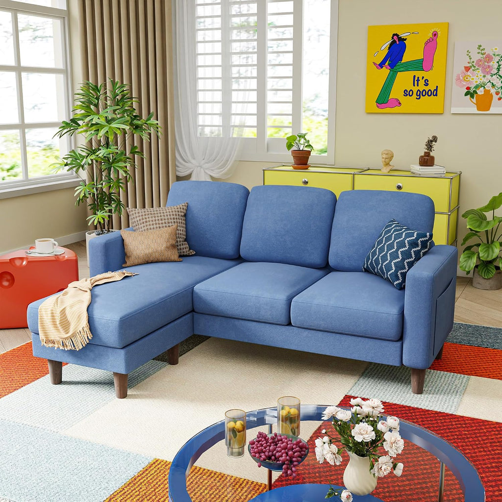 YESHOMY Couches for Living Room, Sofa with Movable Ottoman, Small Couch with Reversible Chaise and Side Pockets, L Shaped Couch for Small Space, Apartment (Linen Fabric, Blue)