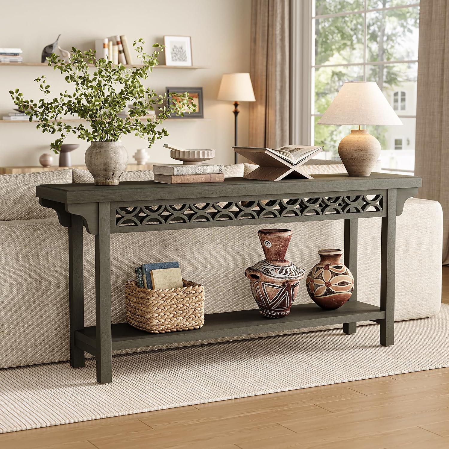 LITTLE TREE 70.87-Inch Long Console, Solid Wood Farmhouse Narrow Entryway Table with Shelf, Rustic Sofa Table for Living Room, Hallway, Dark Grey