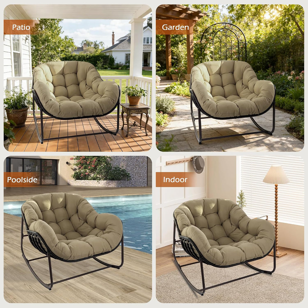 Papasan Rocking Chair Indoor & Outdoor, Oversized Egg-Shaped Papasan Rocker with Cushion & Pillow, All-Weather Wicker Patio Lounge Chair for Garden, Porch, Living Room (Khaki)
