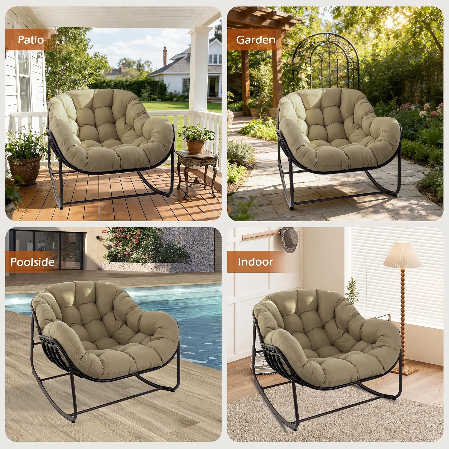 Papasan Rocking Chair Indoor & Outdoor, Oversized Egg-Shaped Papasan Rocker with Cushion & Pillow, All-Weather Wicker Patio Lounge Chair for Garden, Porch, Living Room (Khaki)