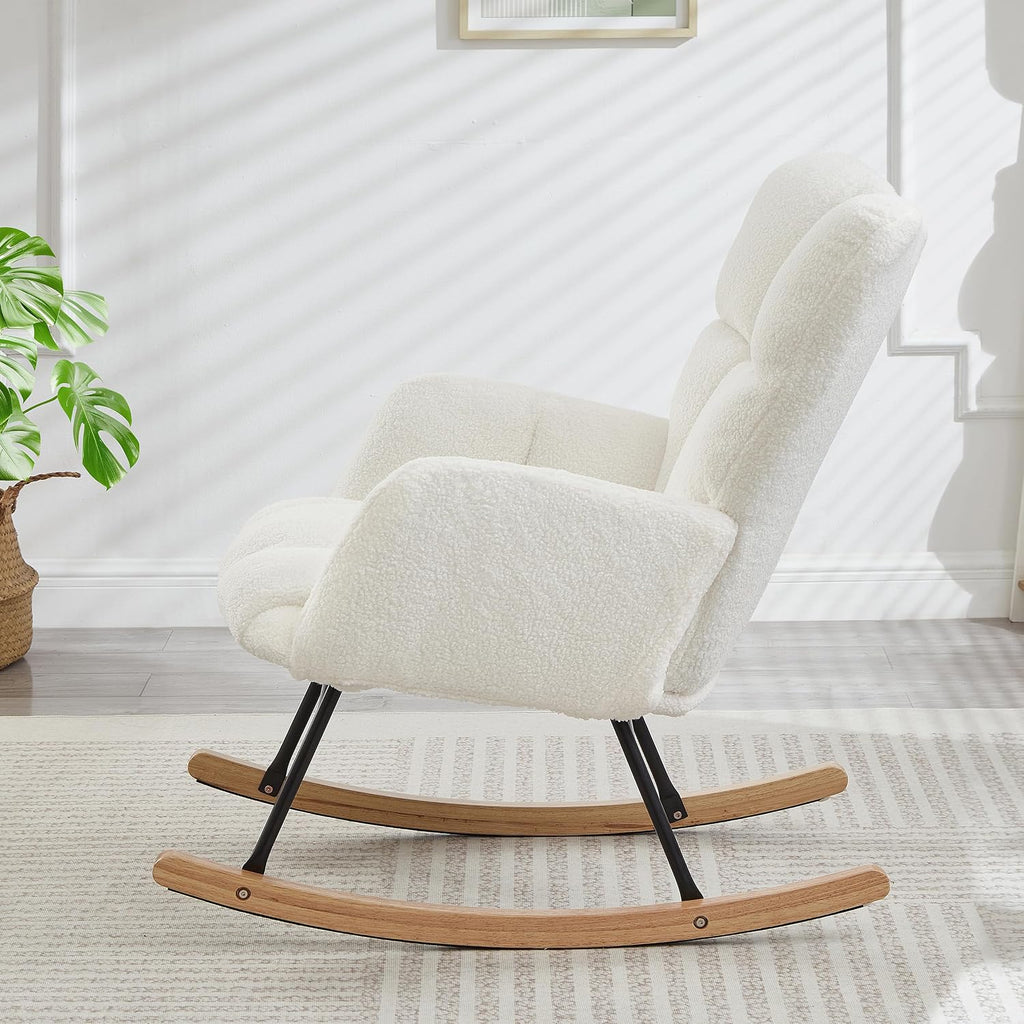 Glider Chair for Living Room & Nursery, Tufted Upholstered Teddy Rocking Chair with High Backrest & Stable Metal Frame, 300lbs Capacity, Comfy Rocker Glider for Adults & Kids, Office & Bedroom(Ivory)