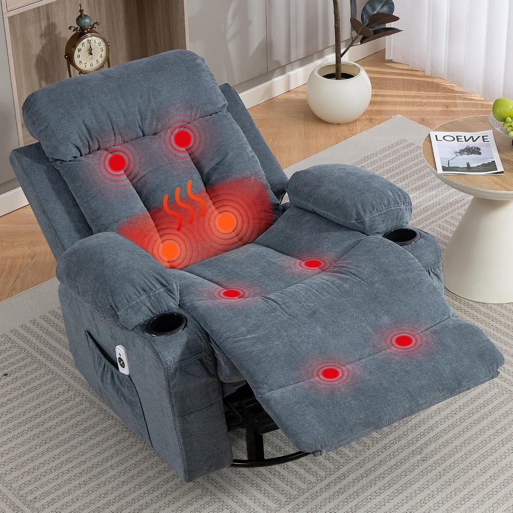 360° Swivel Rocking Chair, Rocker Recliner Chair with Vibration Massage and Heat, Ergonomic Lounge Chairs with Rocking Function and Side Pocket, Cup Holders, Blue