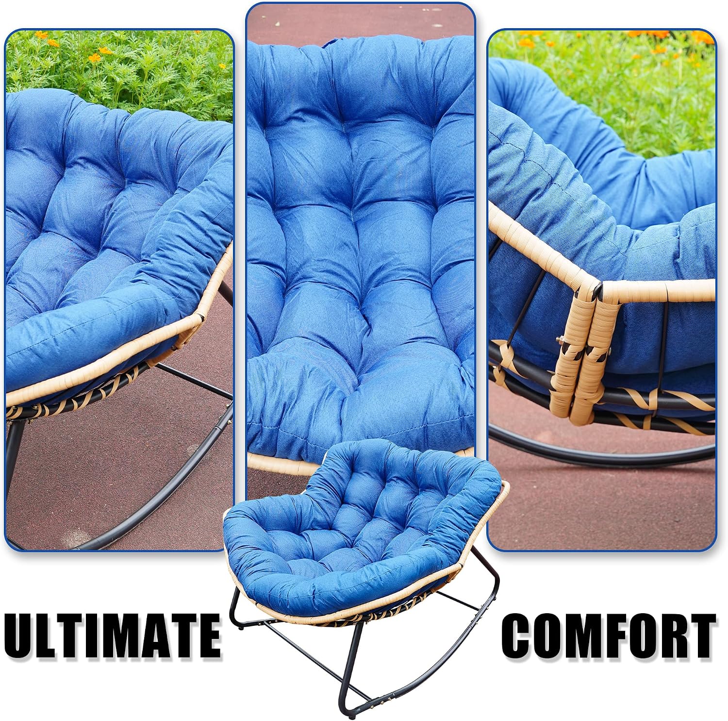 Outdoor Rocking Chair, Patio Egg Rocking Chair, Indoor Papasan Chair, Rattan Wicker Lounge Chair, Modern Royal Chair for Bedroom, Living Room, Porch, Garden,Lawn