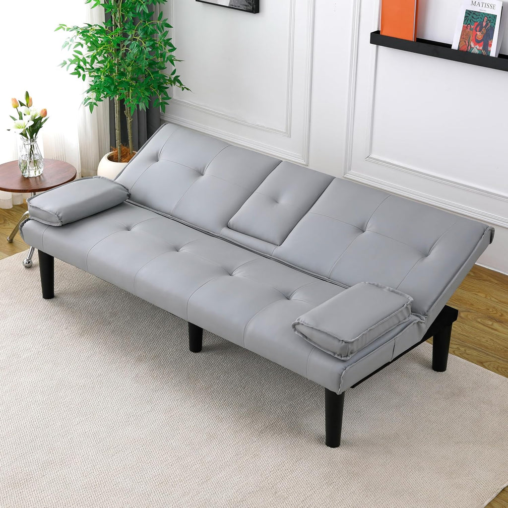 KEIKI 3 in 1 Convertible Sleeper Sofa Bed with Cup Holder, Futon Sofa for Living Room, Dorm, or Home Office, Light Gray