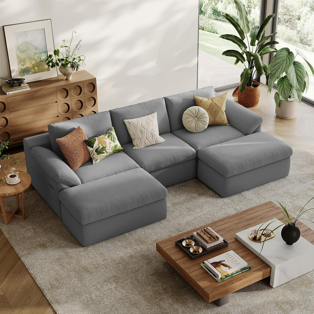 LINSY HOME 109' Modular Couch Modern Boneless Cloud Couch, U Shaped Sofa with Movable Ottomans, Deep Seat Corduroy Sectional Couches for Living Room, Apartment, No Assembly Required, Grey
