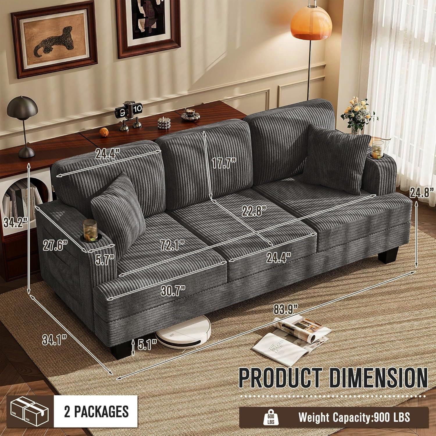 83' Modern Couch with Cup Holders, 3 Seater Couch with Comfy Pillow & Side Storage Pockets, Corduroyn Small Couch with Deep Seat Couch for Living Room, Bedroom, Apartment and Office (Charcoal Gray)