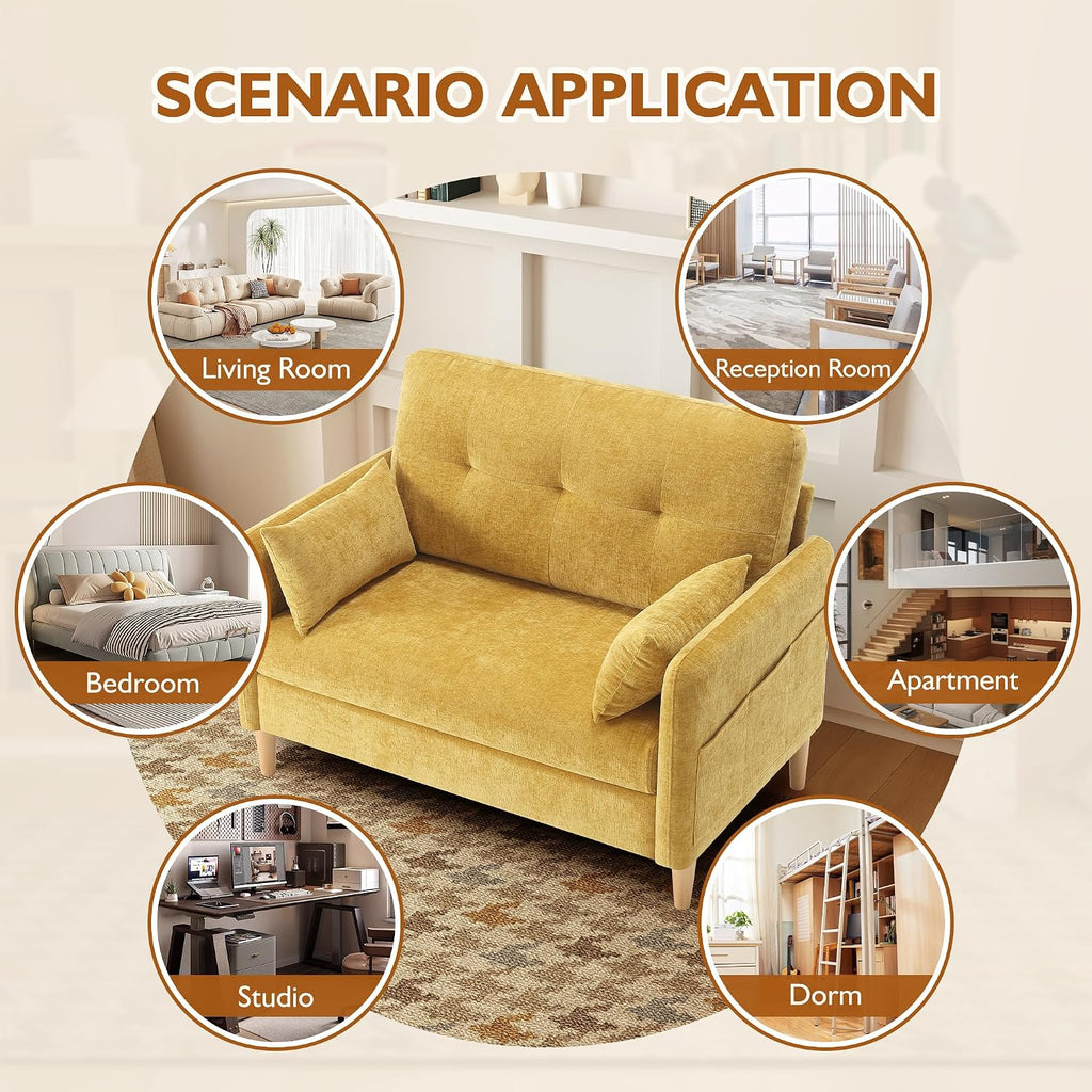 Urhanherry 47' Small Sofa Couch for Bedroom, Soft Chenille loveseat Mini Couch with Throw Pillow and Removable Cushion Cover for Small Spaces, Living Room, Apartment, Dorm, Office(Yellow)