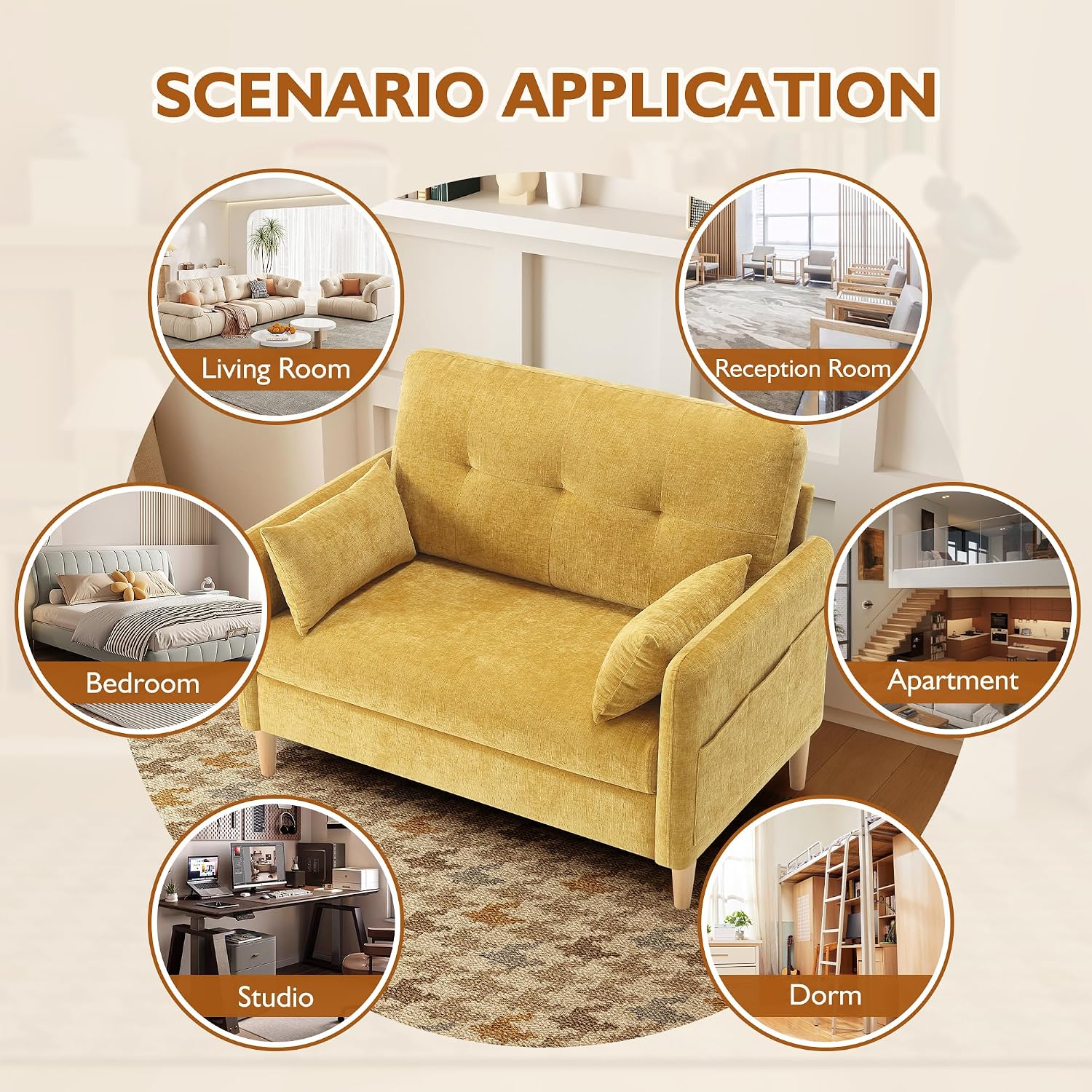 Urhanherry 47' Small Sofa Couch for Bedroom, Soft Chenille loveseat Mini Couch with Throw Pillow and Removable Cushion Cover for Small Spaces, Living Room, Apartment, Dorm, Office(Yellow)