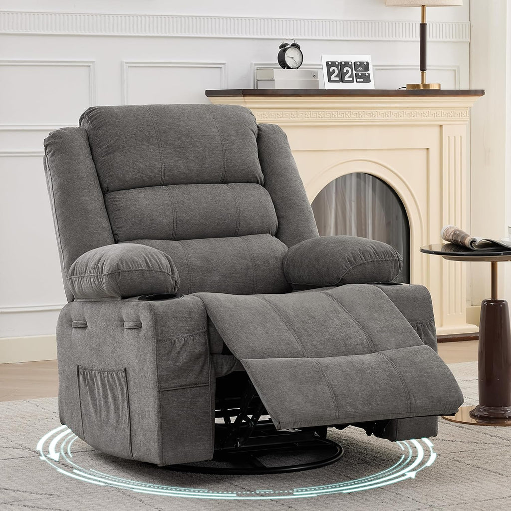 360° Swivel Recliner Chair for Adult, Linen Rocker Chair with 3 Positions/2 Side Pockets/Cup Holders, Manual Nursery Glider Rocking Chair for Bedroom Living Room Office