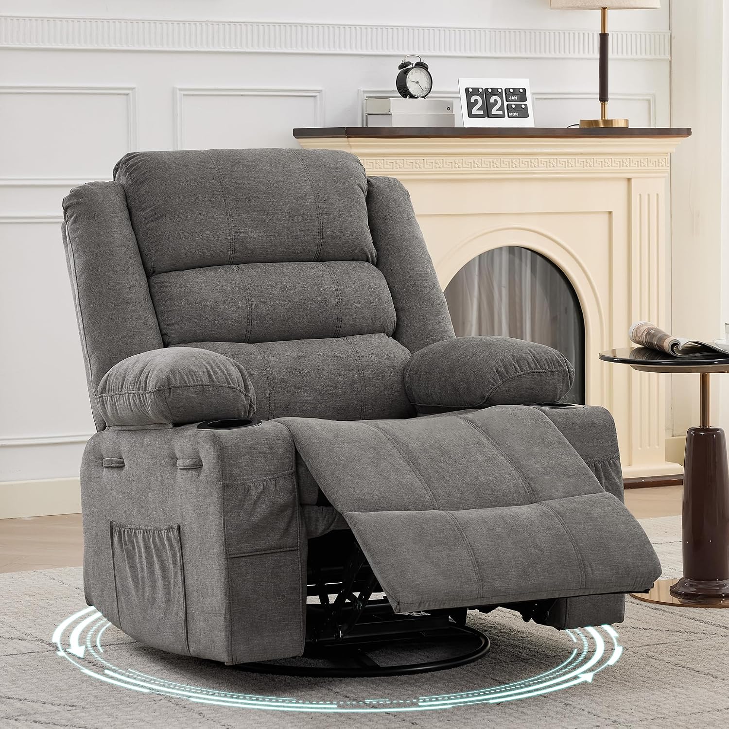 360° Swivel Recliner Chair for Adult, Linen Rocker Chair with 3 Positions/2 Side Pockets/Cup Holders, Manual Nursery Glider Rocking Chair for Bedroom Living Room Office