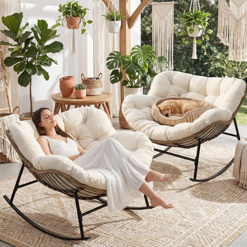 FINCATI 2 PCS Indoor Outdoor Oversized Rocking Chair, 450 lbs Large Comfy Papasan w/Cushion and Frame, Cozy Patio Wicker Egg Rocker, Reading Padded Glider for Balcony Porch Garden Living Room, Beige