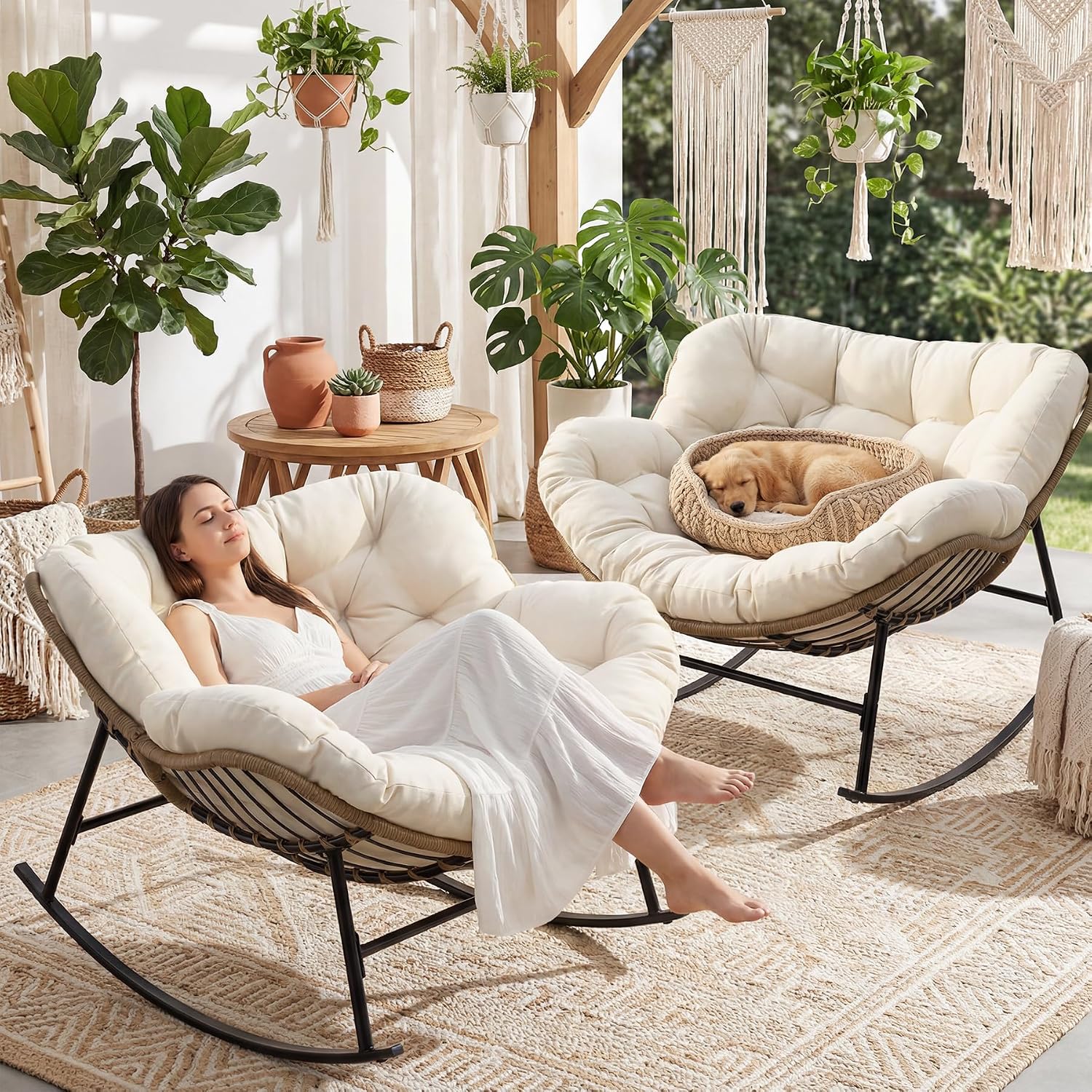 FINCATI 2 PCS Indoor Outdoor Oversized Rocking Chair, 450 lbs Large Comfy Papasan w/Cushion and Frame, Cozy Patio Wicker Egg Rocker, Reading Padded Glider for Balcony Porch Garden Living Room, Beige