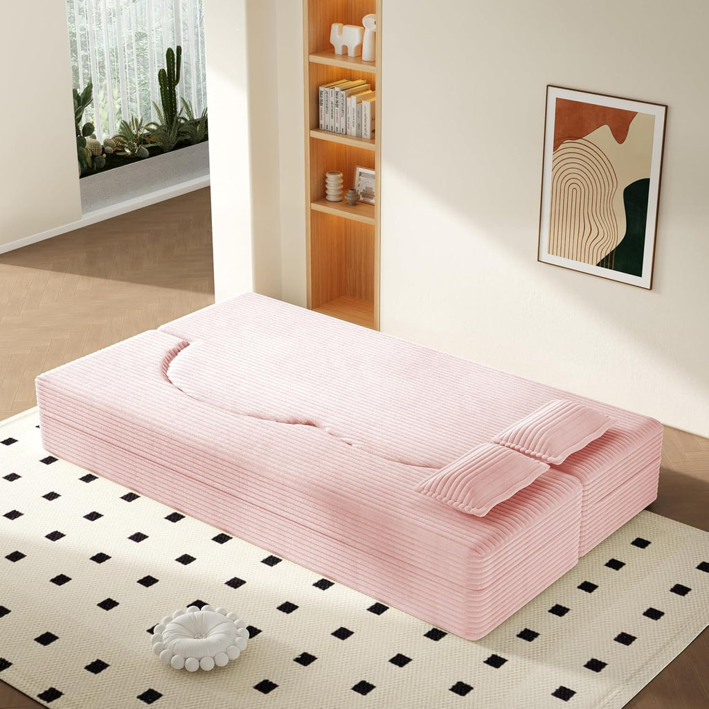 78' Twin Size Convertible Folding Sleeper Sofa Bed, Corduroy Futon Sofa Bed with Pillow, Foam Mattress Loveseat Cloud Couch, No Assembly Floor Couches for Living Room, Playroom, Apartment Baby Pink