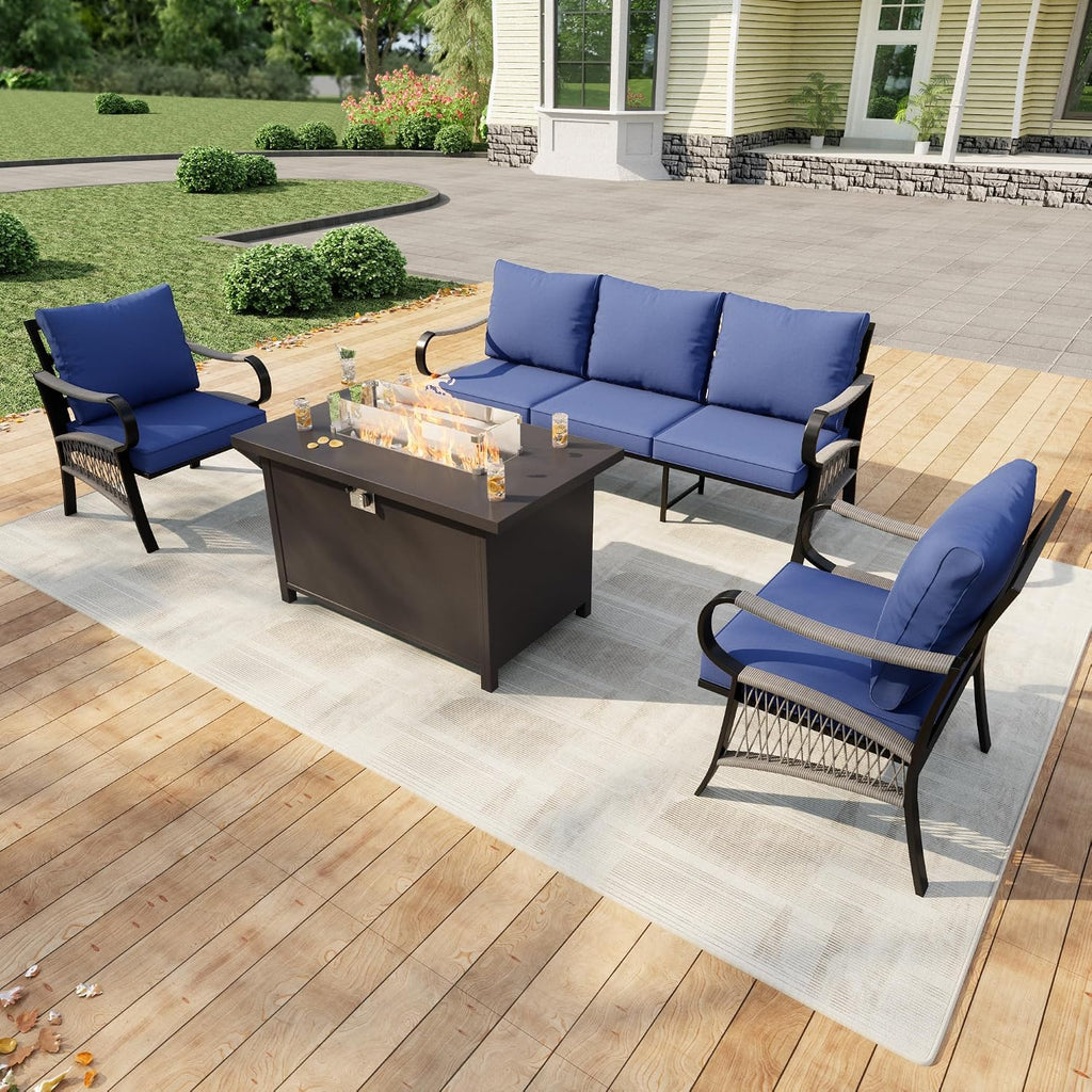 4 Pieces Modern Patio Furniture Set, All Weather Metal Outdoor Conversation Sets with Fire Pit Table for Backyard Garden Deck Porch Poolside, Blue