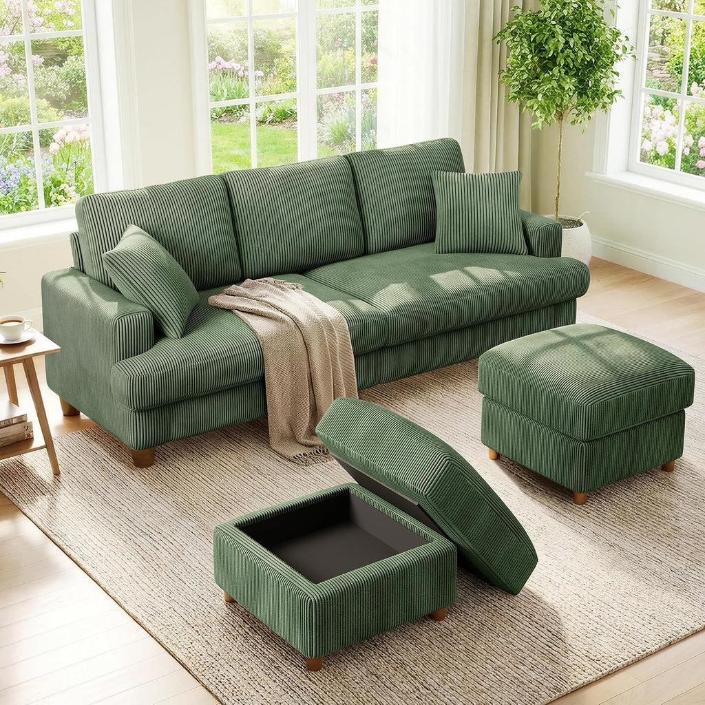 Kidirect 87in U Shaped Couch, Modular Sofa No Tool Assembly, Comfy Sectional Couches for Living Room 21in Deeper Seats, Corduroy Sofas for Living Room with 2 Pillows, Loveseat Sofa Set, Green Couch