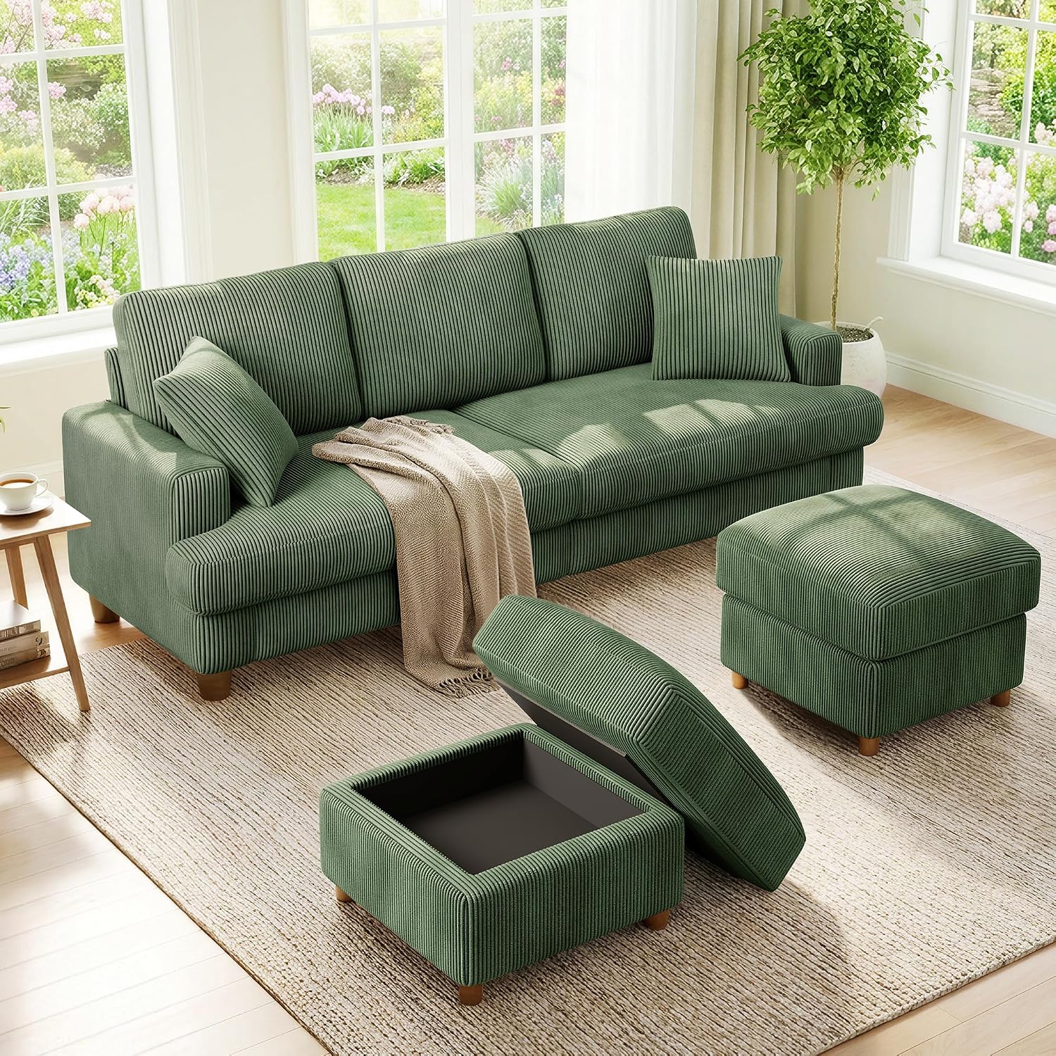 Kidirect 87in U Shaped Couch, Modular Sofa No Tool Assembly, Comfy Sectional Couches for Living Room 21in Deeper Seats, Corduroy Sofas for Living Room with 2 Pillows, Loveseat Sofa Set, Green Couch