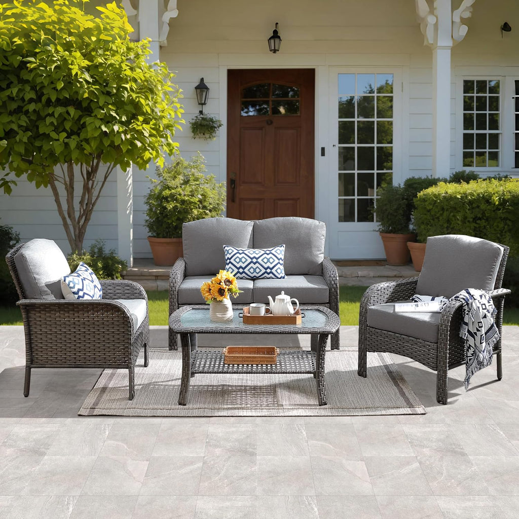 ovios 4-Piece Patio Furniture Set, Outdoor Wicker Sofa with Chairs Coffee Table, High Back Rattan Couch Loveseat with Comfy Cushions for Porch Yard Deck, Dark Grey