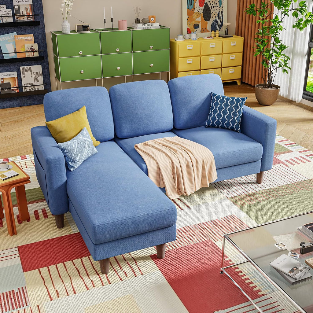 YESHOMY Couches for Living Room, Sofa with Movable Ottoman, Small Couch with Reversible Chaise and Side Pockets, L Shaped Couch for Small Space, Apartment (Linen Fabric, Blue)