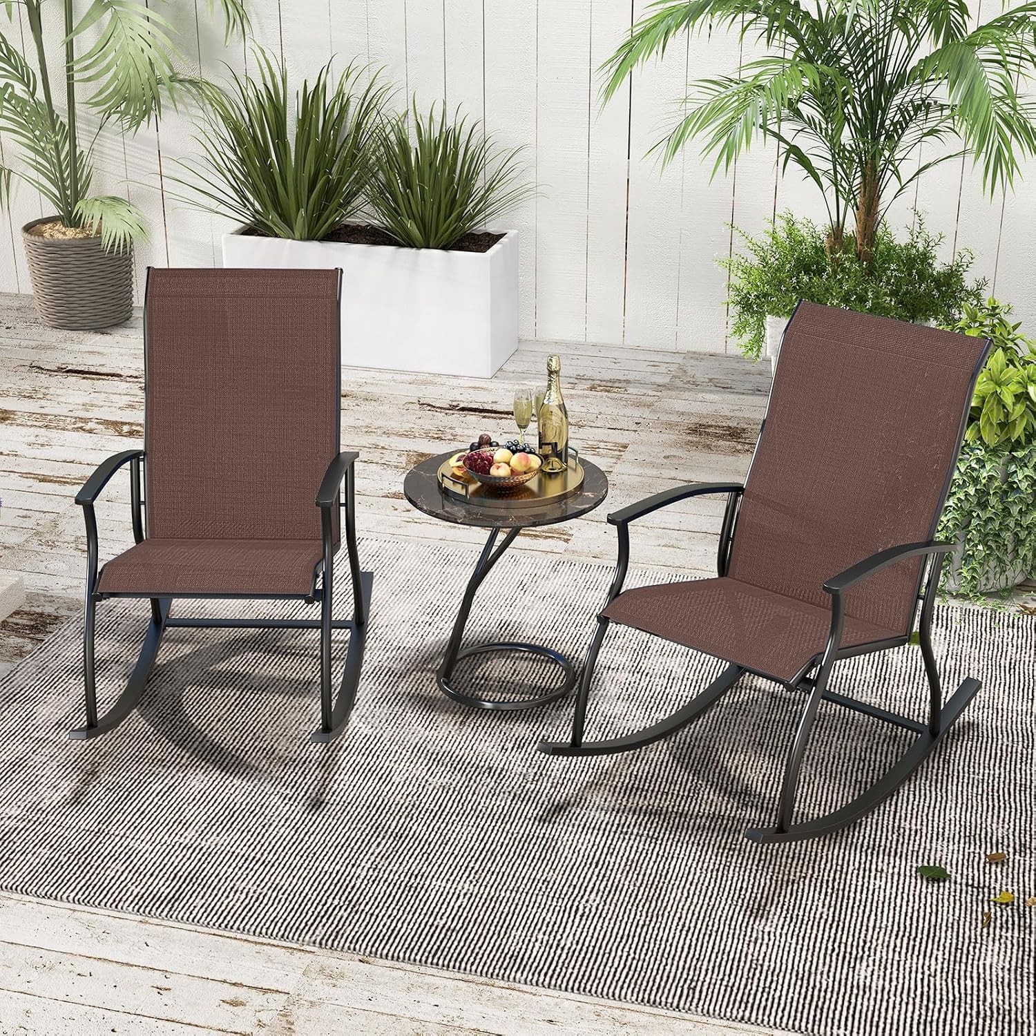 Tangkula Patio Rocking Chairs Set of 2, Outdoor Rocking Chair with Smooth & Safe Rocking Motion, Ergonomic Backrest, Breathable Fabric, All-Weather Outdoor Rocker for Backyard, Poolside (1, Brown)
