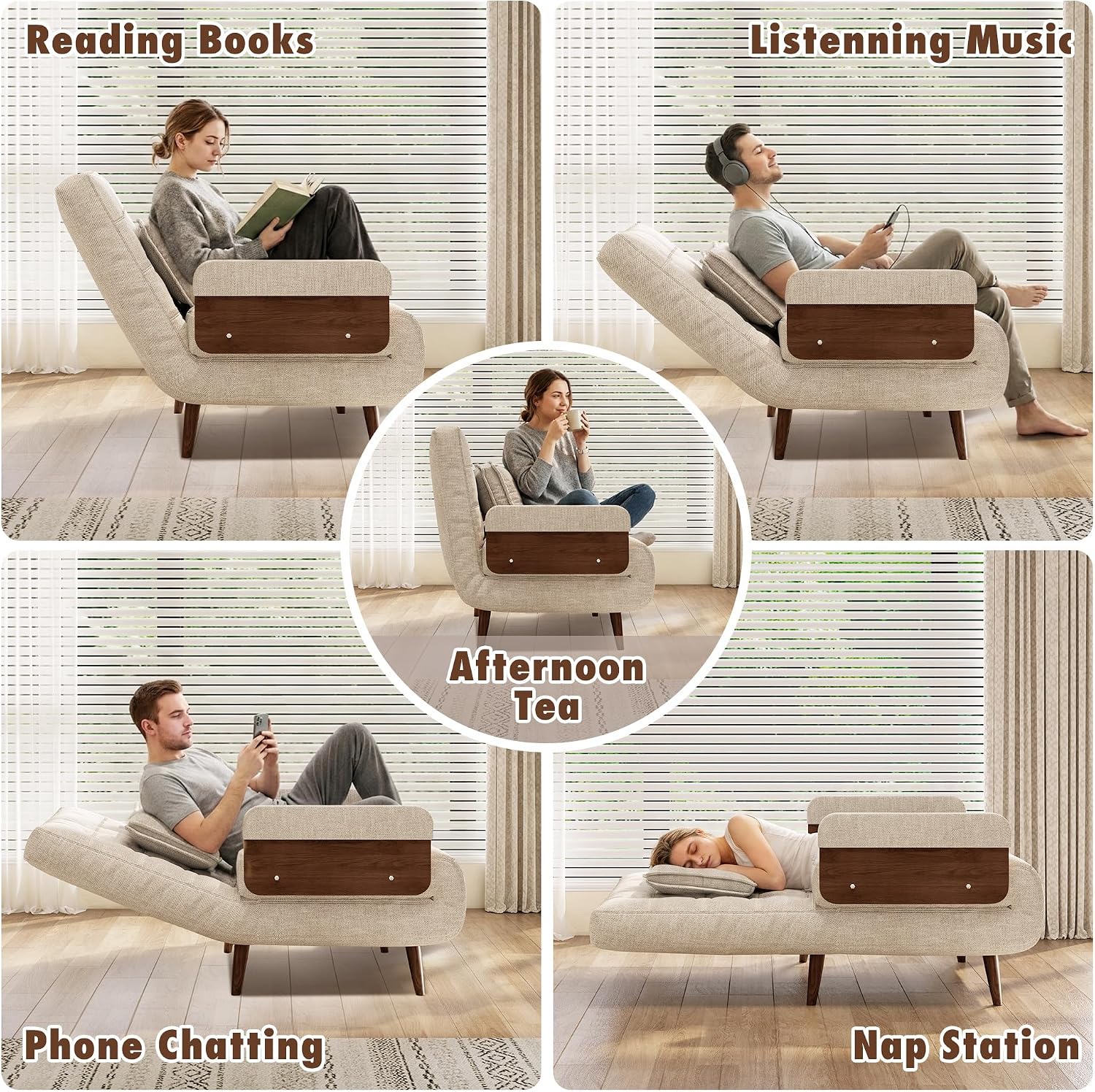 JASIWAY Convertible Sleeper Chair Bed for Adults, 3 in 1 Linen Convertable Futon Chair with Pillow, Fold Out Single Sleeper Couch Guest Bed for Small Spaces, Bedroom Mid-century with Walnut Arm, 36.6'