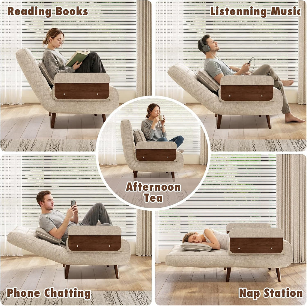 JASIWAY Convertible Sleeper Chair Bed for Adults, 3 in 1 Linen Convertable Futon Chair with Pillow, Fold Out Single Sleeper Couch Guest Bed for Small Spaces, Bedroom Mid-century with Walnut Arm, 43.3'