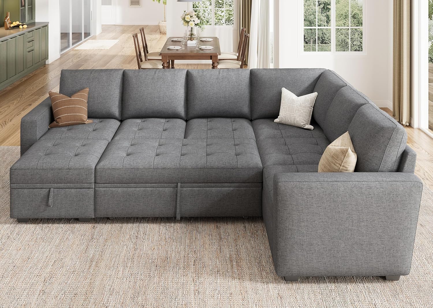 HONBAY Modular Sectional Sleeper Sofa with Pull Out Bed, Convertible L Shaped Couch with Storage Seat, Sectional Couches for Living Room,Grey