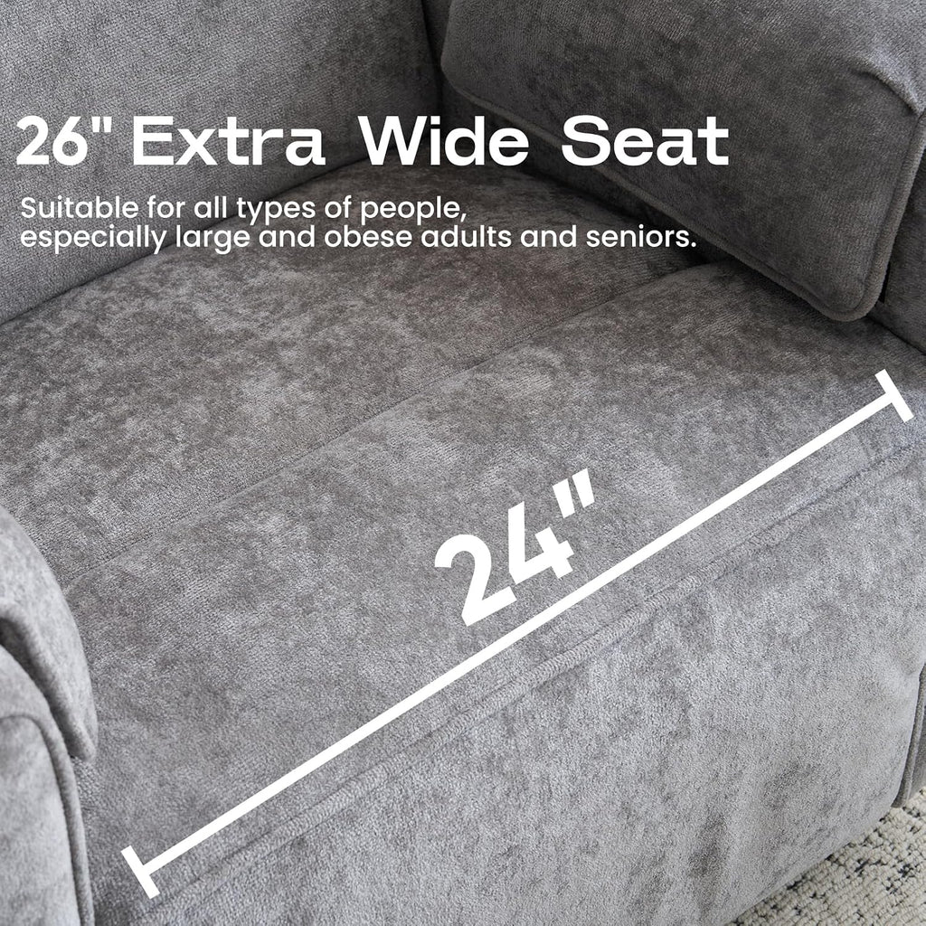 Chenille Rocking Chair Nursery with Adjustable Headrest, 24' Extra Wide Swivel Rocker Recliner with Overstuffed Armrest, Oversized Power Rocker Recliner with USB Ports, Grey
