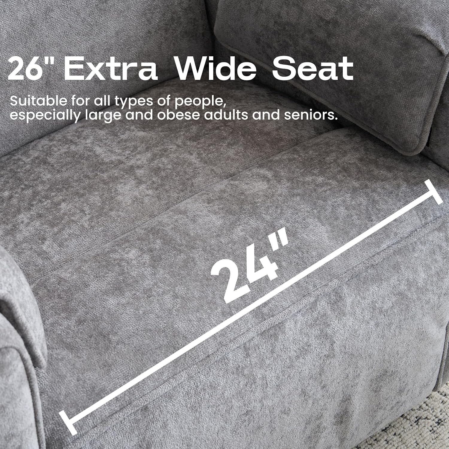 Chenille Rocking Chair Nursery with Adjustable Headrest, 24' Extra Wide Swivel Rocker Recliner with Overstuffed Armrest, Oversized Power Rocker Recliner with USB Ports, Grey