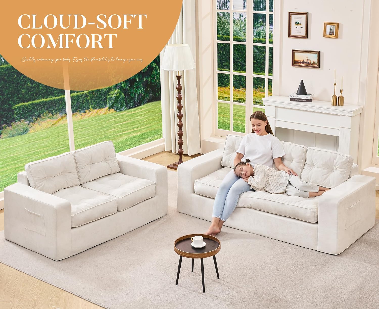 Hobestluk Sofa Couch Loveseat Sofa with Chenille Fabric 2-Seater Sofa for Small Spaces Comfortable Foam Floor Sofa 2 in 1 Boneless Couch for Living Room Bedroom Apartment or Office (Beige, Loveseat)