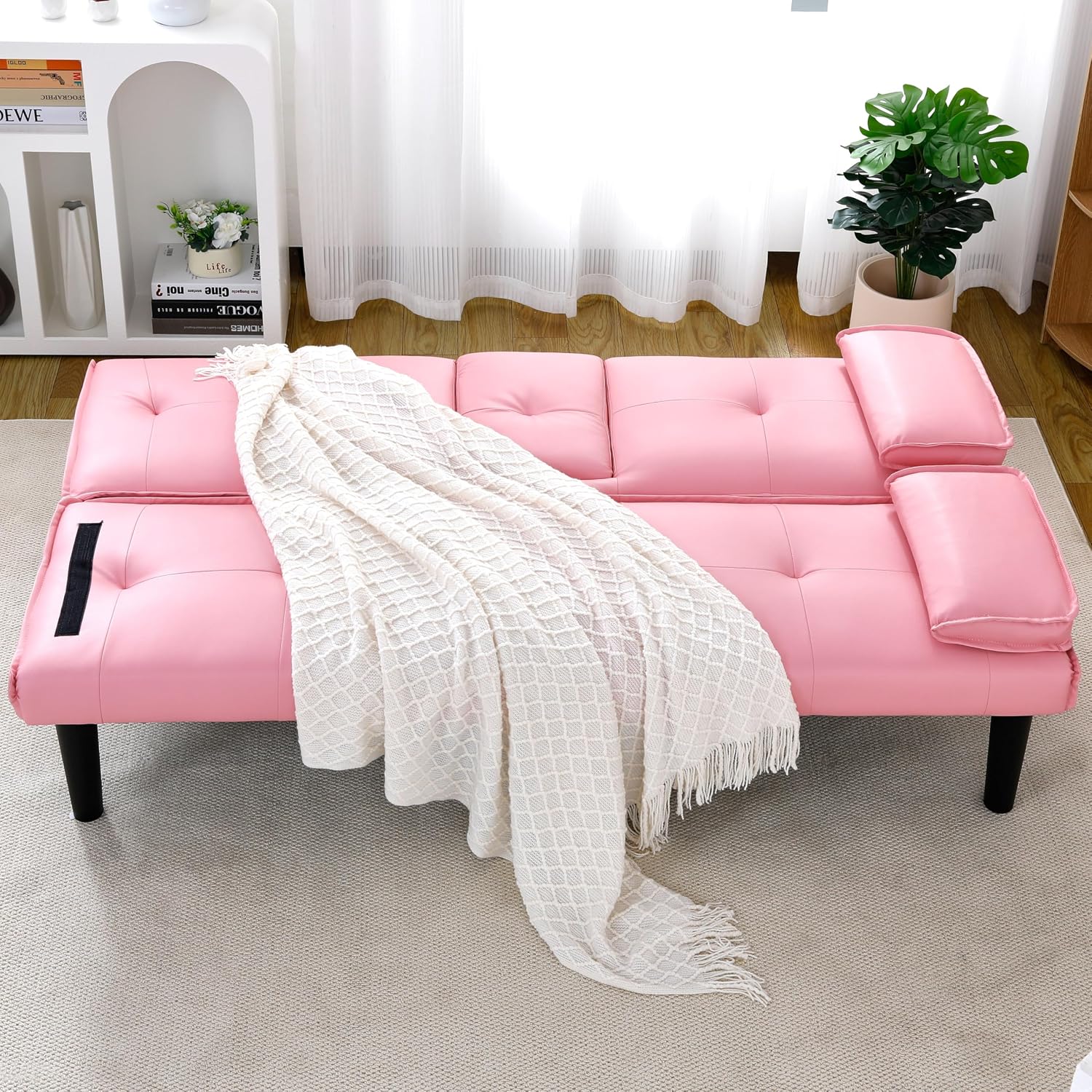 KEIKI Sleeper Sofa Bed with Cup Holder, 3 in 1 Convertible Futon Sofa Bed for Living Room, Dorm, Home Office, Pink