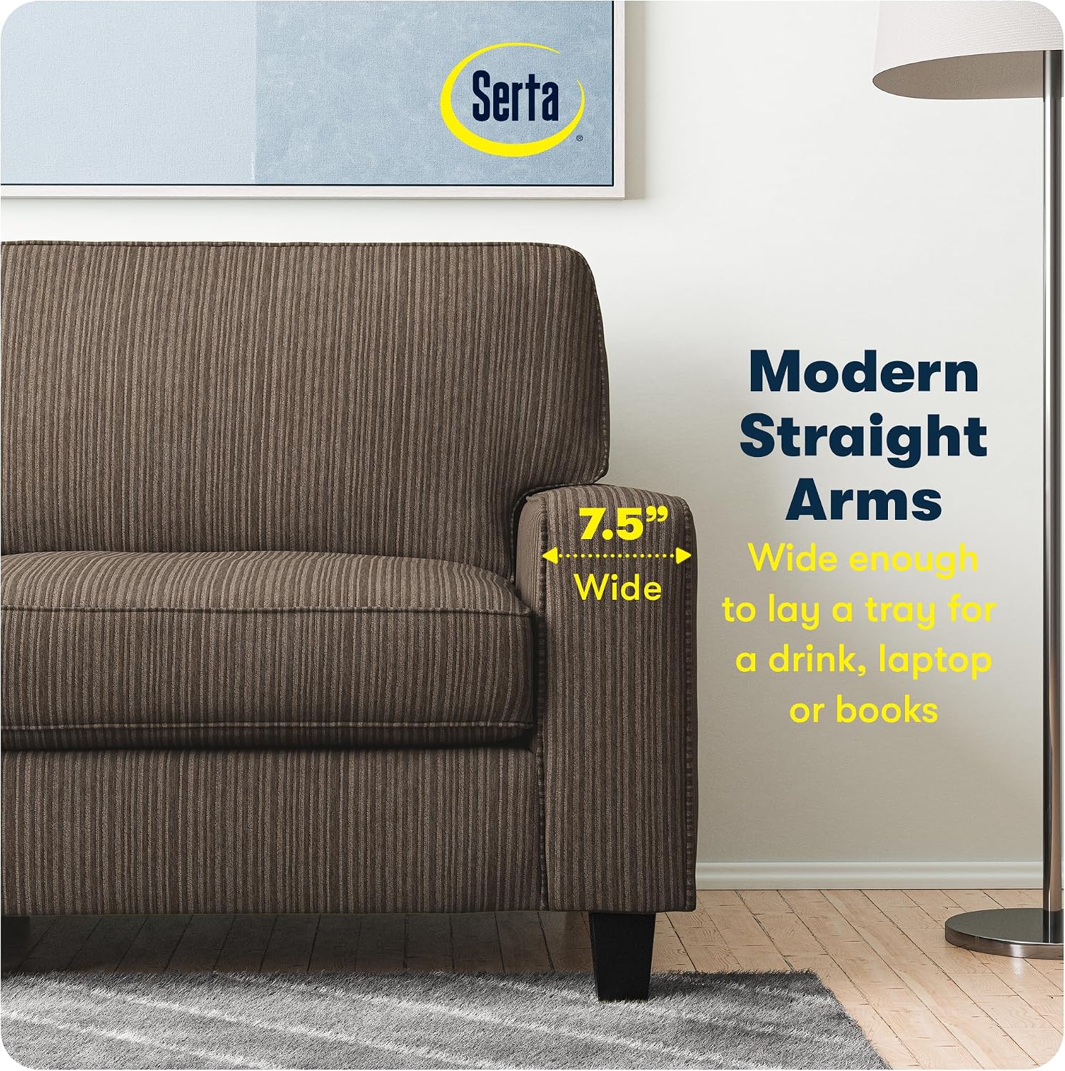 Serta Palisades 61' Track Arm Sofa, Easy Care Polyester, Soft Pillow Back, Pocket Coil Seat Cushions, Removable Covers, Loveseat or Couch for Small Spaces, Living Rooms or Bedrooms, Brown