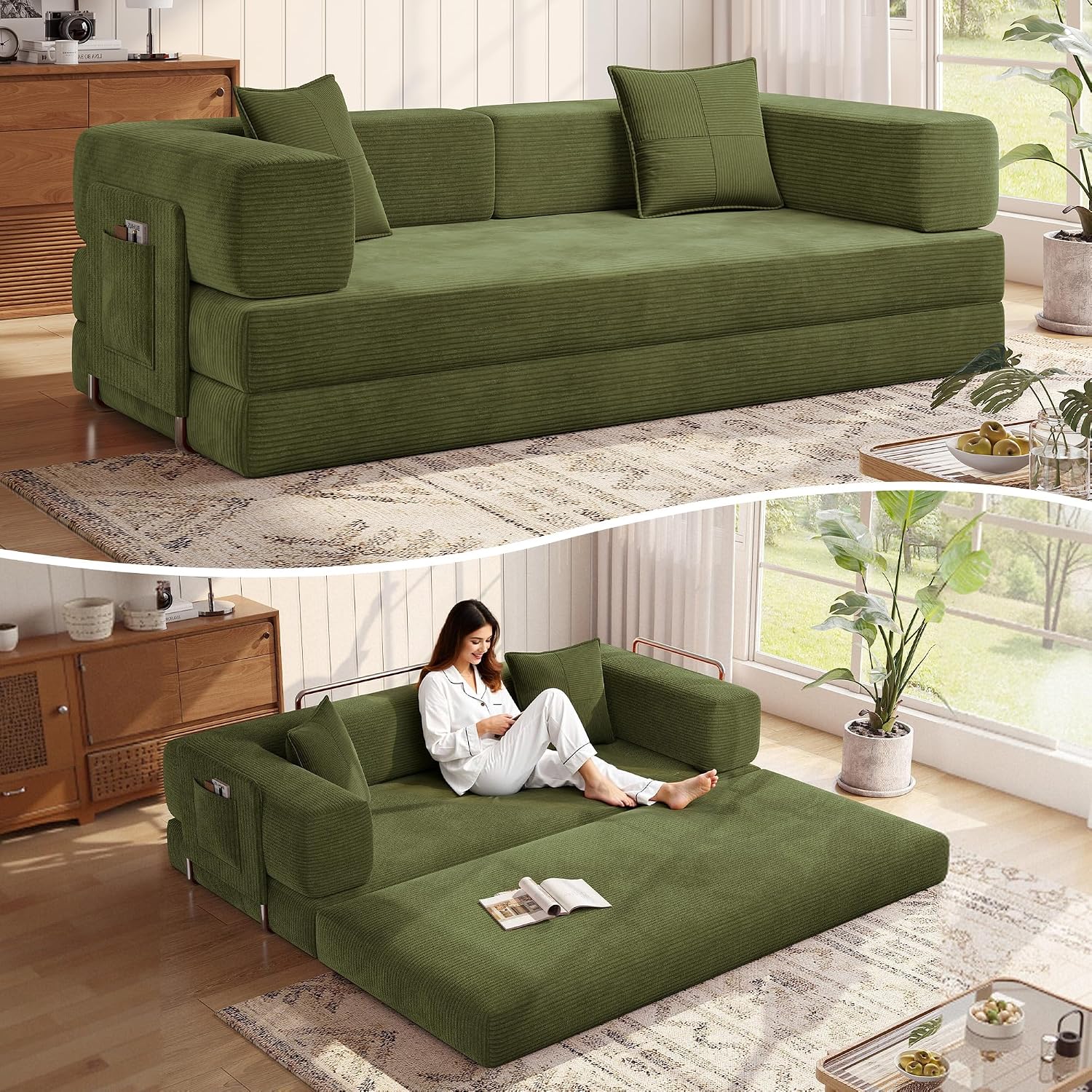 MoonSpeak 78.8''Sleeper Couch Bed for Livingroom,Convertible Modular Sofa with Armrest Pillow,Modular Foldable Corduroy Couches in a Box,No Assembly (Green)