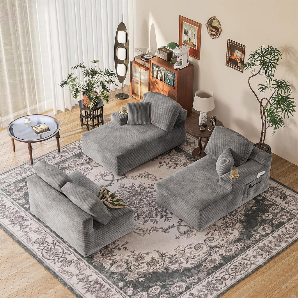 Homall 142' Boneless Couch, Modular Sectional Sofa, No Assembly Required, Memory Foam Filling, Corduroy U-Shaped Sofa, Movable Multi-Person Couch for Living Room (Grey)