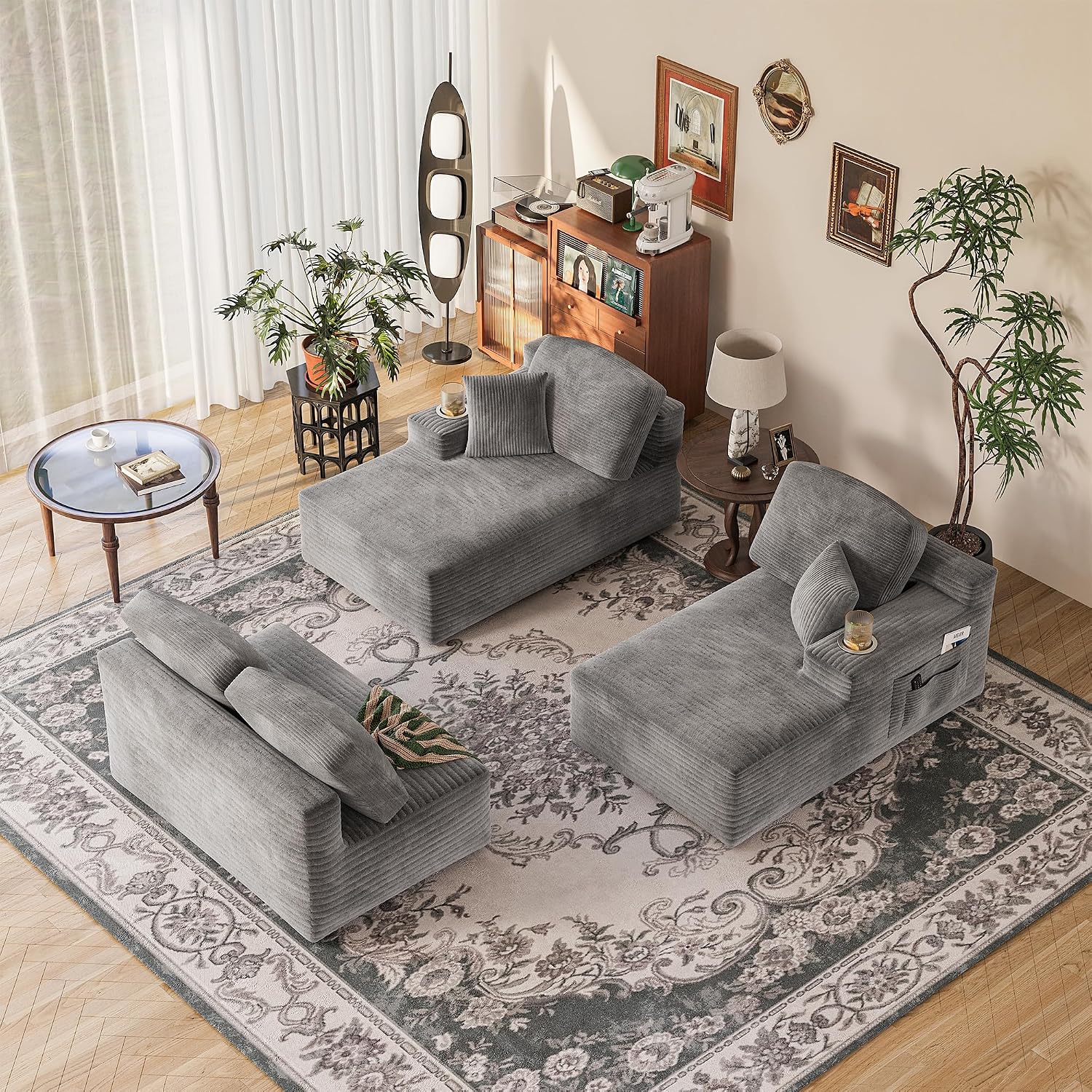 Homall 142' Boneless Couch, Modular Sectional Sofa, No Assembly Required, Memory Foam Filling, Corduroy U-Shaped Sofa, Movable Multi-Person Couch for Living Room (Grey)